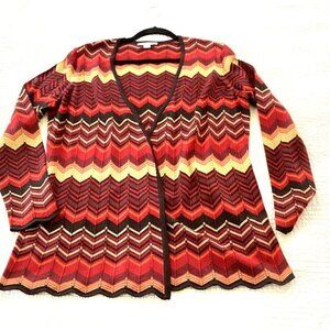 Pendleton Merino Wool Red Orange Gold Chevron Cardigan Sweater Boho Retro Sz L